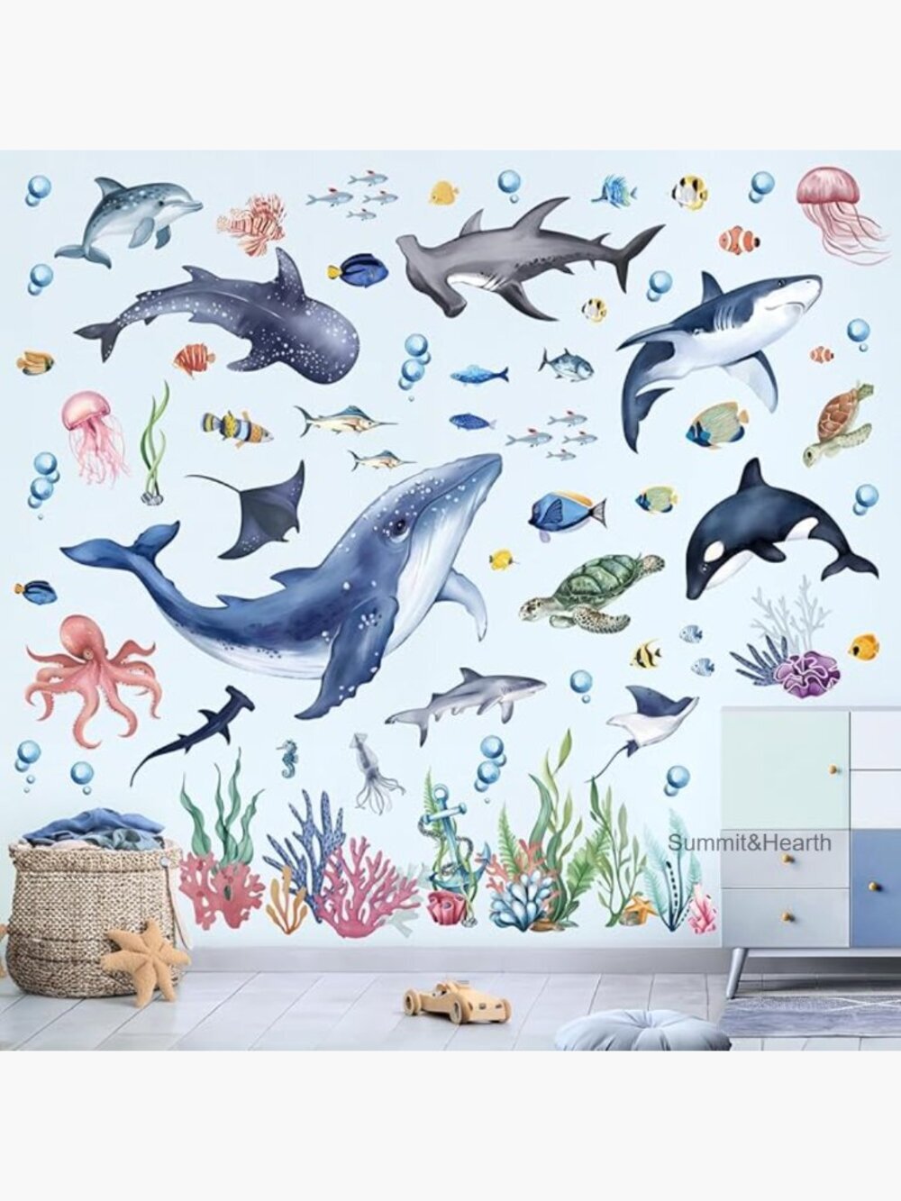 Large Under The Sea Wall Decals Fish Whale Shark Ocean Seaweed Stickers